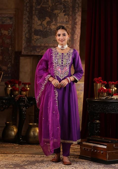 Purple Zari Woven Design Dupion Silk Anarkali Set