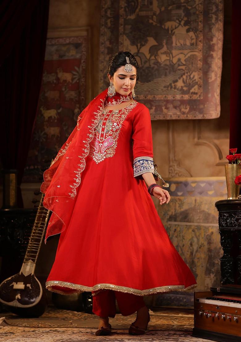Red Zari Woven Design Dupion Silk Anarkali Set