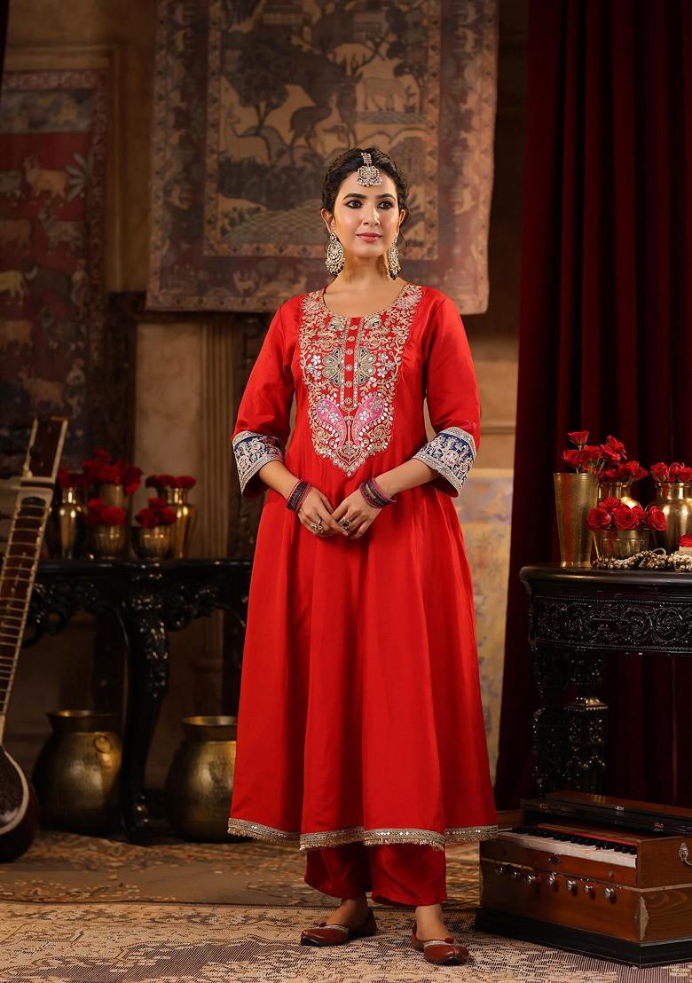 Red Zari Woven Design Dupion Silk Anarkali Set