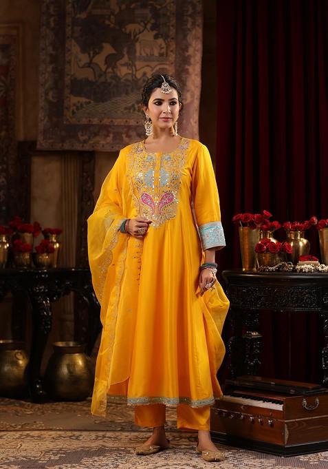 Yellow Zari Woven Design Dupion Silk Anarkali Set