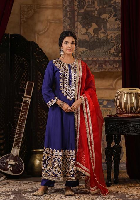 Navy Blue Embellished Dupion Silk Anarkali Set