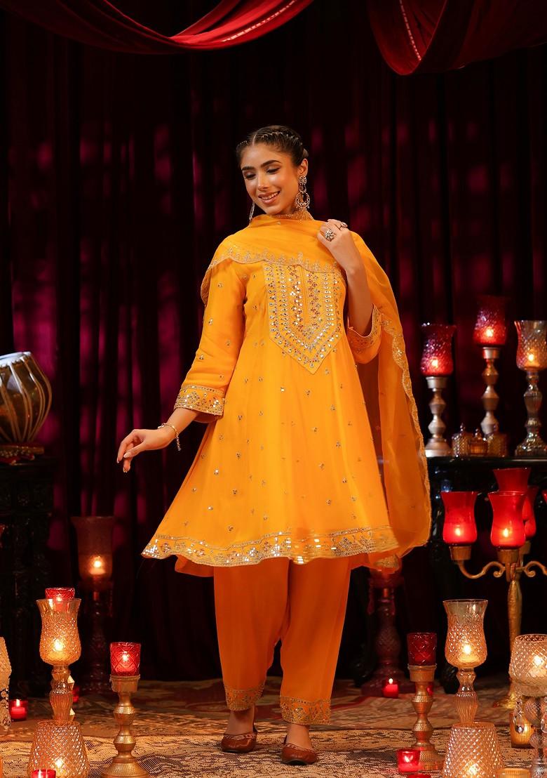 Yellow Sequin Embellished Georgette Anarkali Set