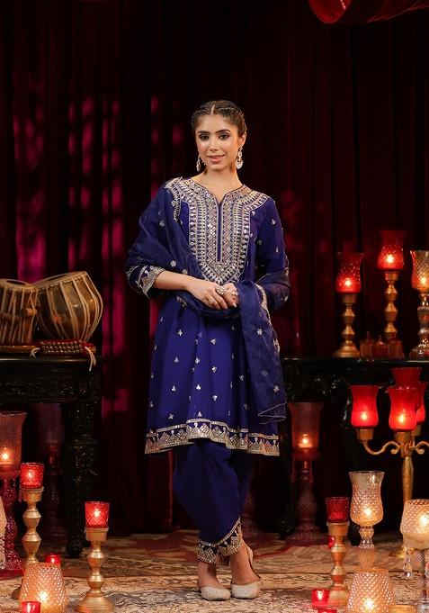 Blue Sequin Embellished Georgette Anarkali Set