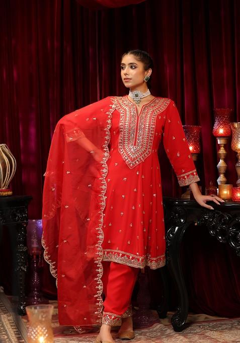 Red Sequin Embellished Georgette Anarkali Set