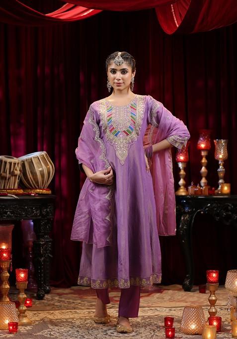 Purple Zari Woven Design Shimmer Organza Anarkali Set