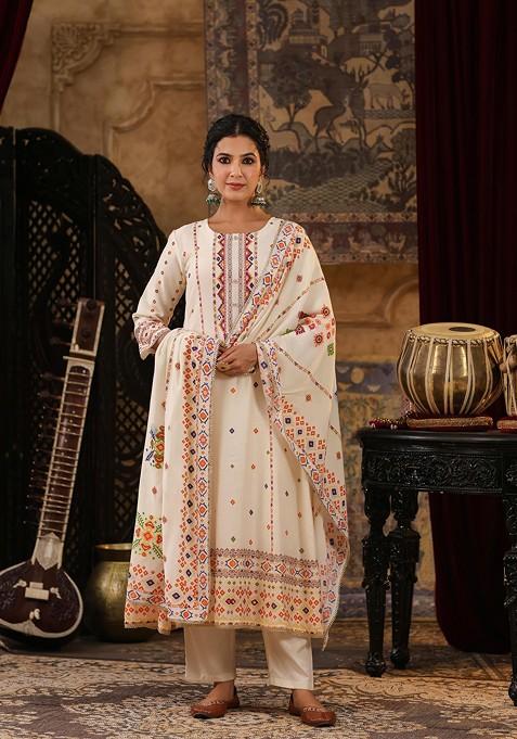 Ivory Embellished Chanderi Anarkali Set