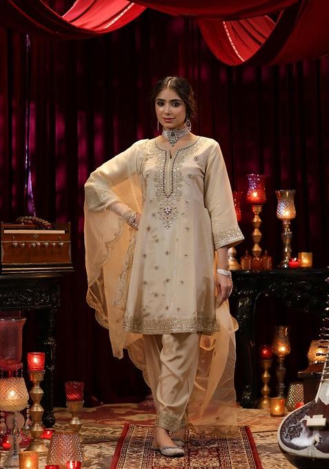 Beige Zari Woven Design Shimmer Organza Anarkali Set