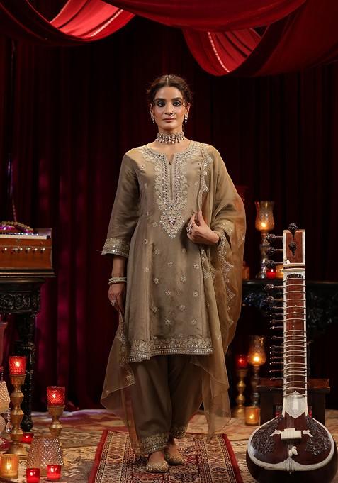 Taupe Zari Woven Design Shimmer Organza Anarkali Set