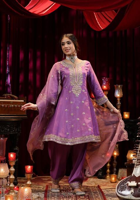 Purple Zari Woven Design Shimmer Organza Anarkali Set