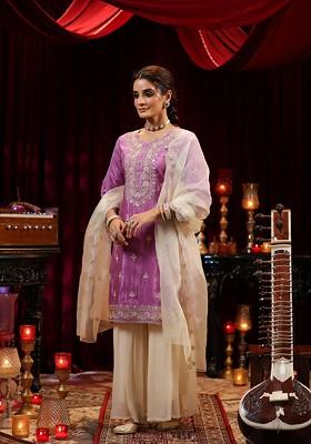 Purple Thread Embroidered Shimmer Organza Kurta Set
