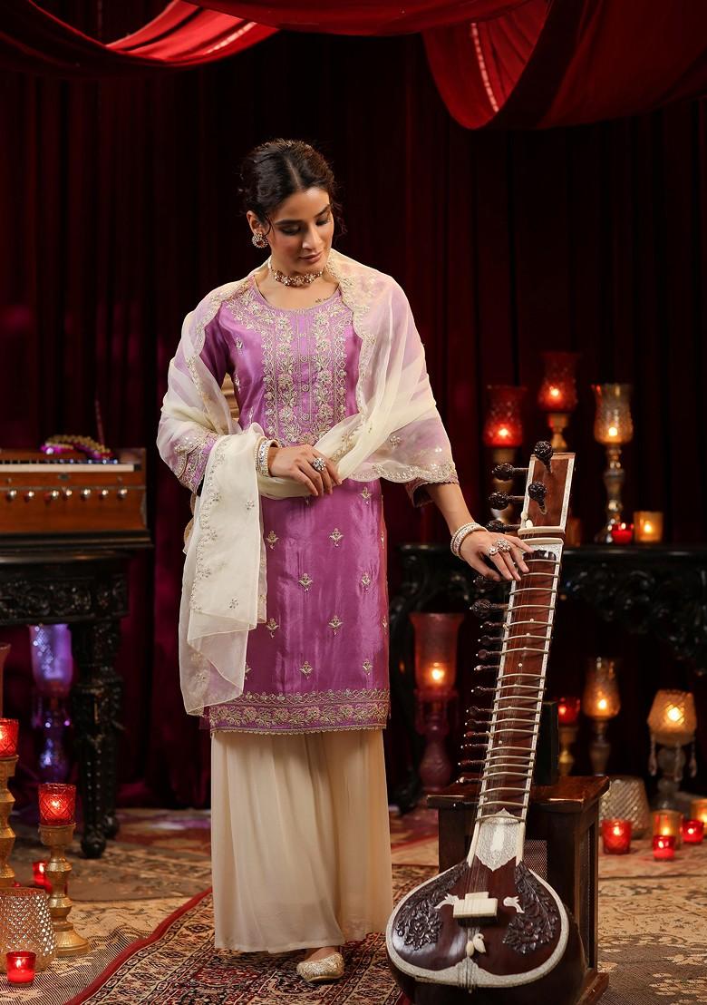 Purple Thread Embroidered Shimmer Organza Kurta Set
