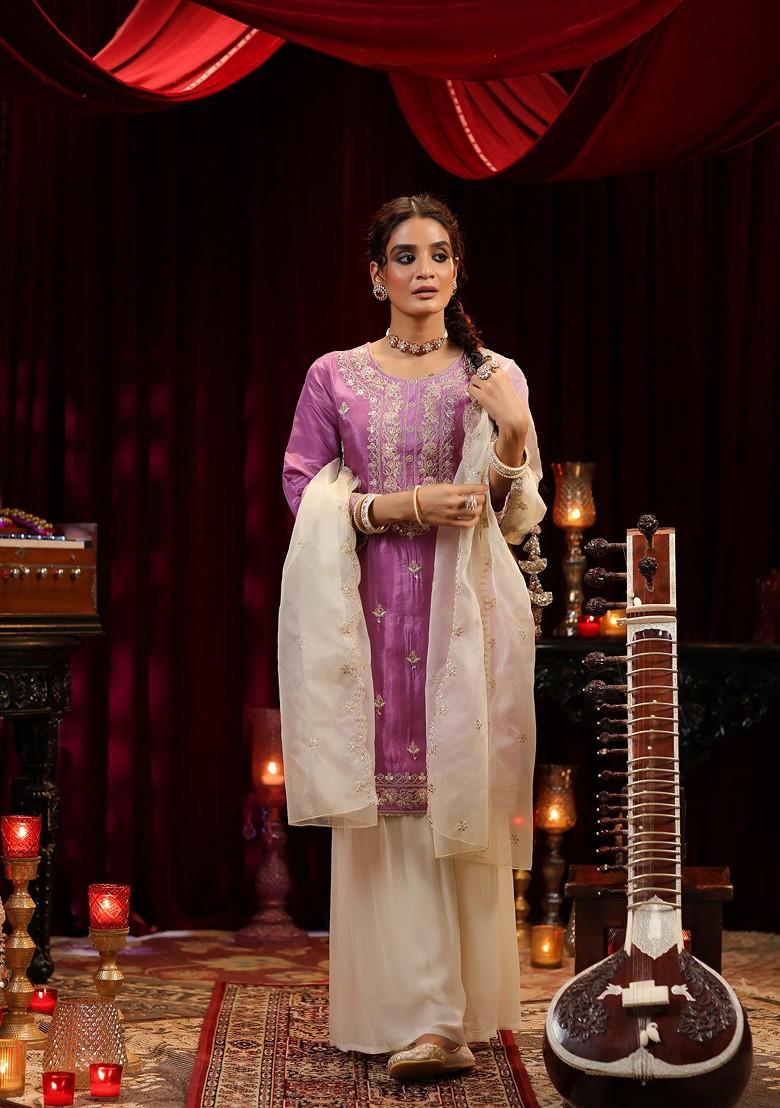 Purple Thread Embroidered Shimmer Organza Kurta Set