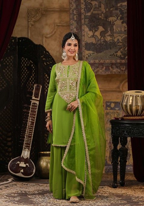 Green Embellished Georgette Kurta Set