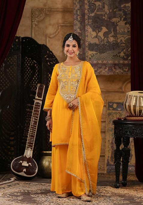 Yellow Embellished Georgette Kurta Set