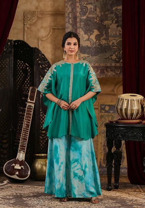 Teal Blue Embellished Dupion Silk Kurta Set