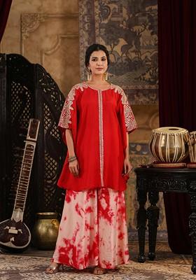 Red Embellished Dupion Silk Kurta Set