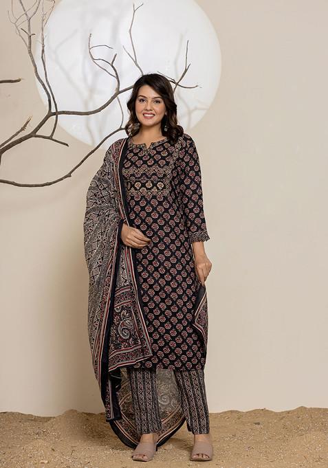 Black Embellished Pure Cotton Kurta Set