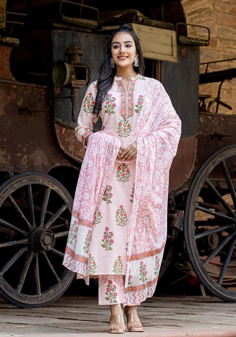 Pink Embellished Pure Cotton Kurta Set