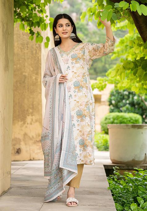 Off White Embellished Pure Muslin Kurta Set