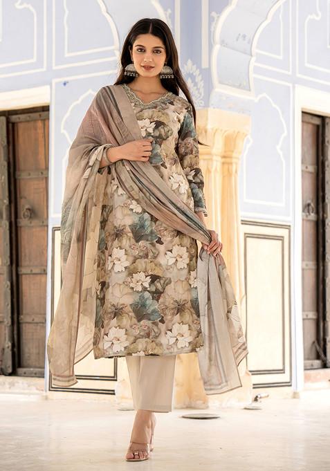 Grey Embellished Pure Muslin Kurta Set