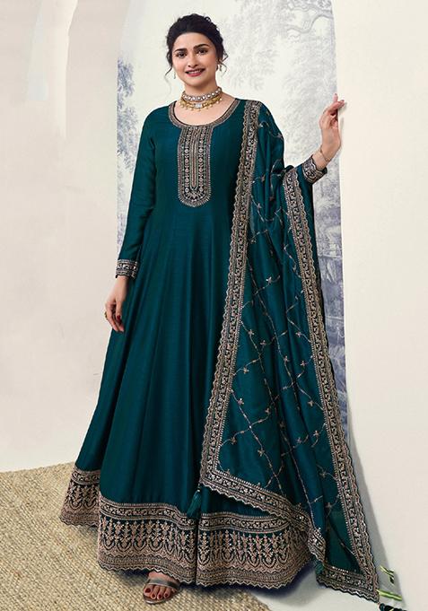 Teal Blue Embroidered Silk Anarkali Set