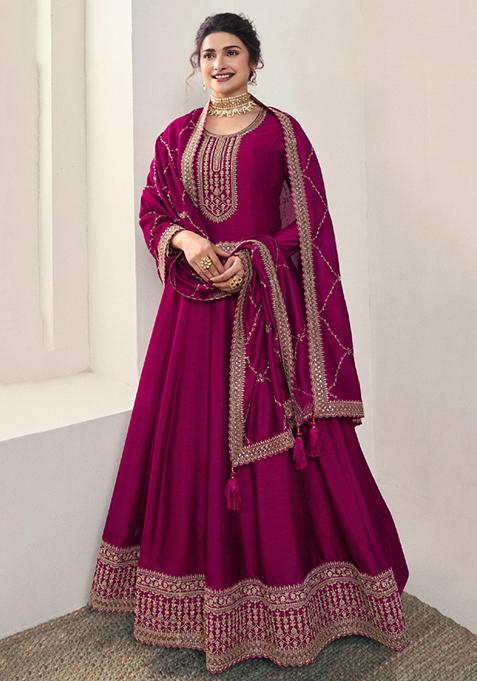 Wine Embroidered Silk Anarkali Set