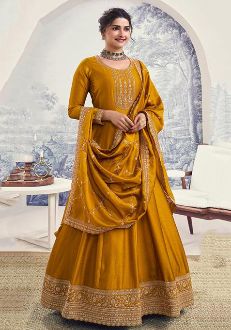 Yellow Embroidered Silk Anarkali Set