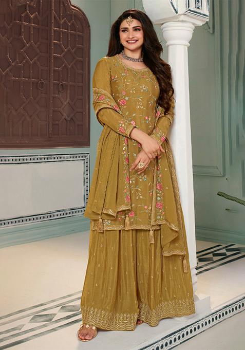 Yellow Thread Sequin Embroidered Chinon Kurta Set