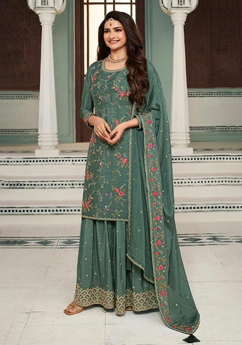 Pista Green Thread Sequin Embroidered Chinon Kurta Set