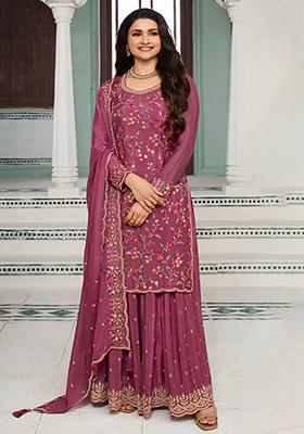 Pink Thread Sequin Embroidered Chinon Kurta Set