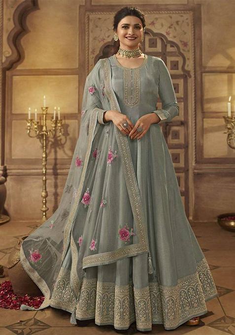 Grey Thread Embroidered Silk Anarkali Set