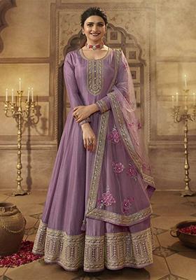 Purple Thread Embroidered Silk Anarkali Set