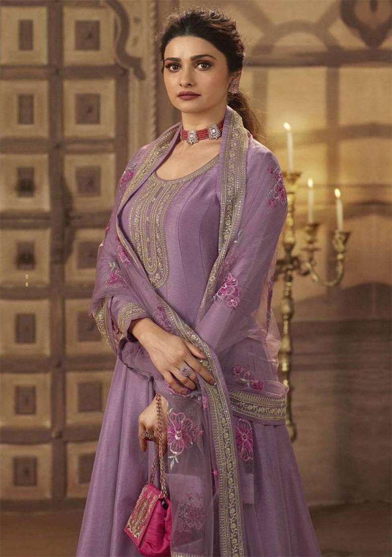 Purple Thread Embroidered Silk Anarkali Set