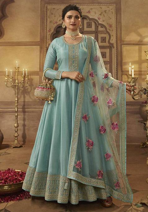 Sky Blue Thread Embroidered Silk Anarkali Set