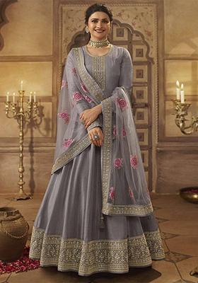 Lilac Thread Embroidered Silk Anarkali Set