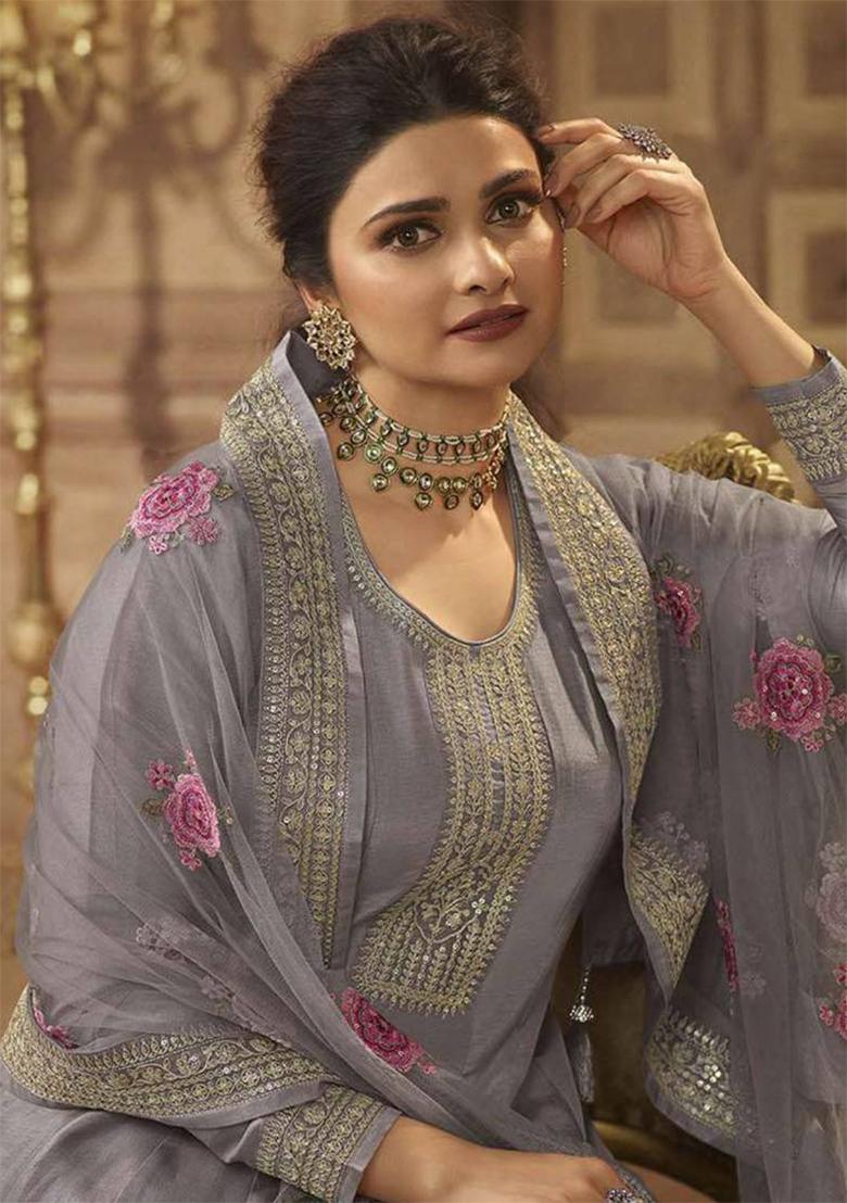 Lilac Thread Embroidered Silk Anarkali Set