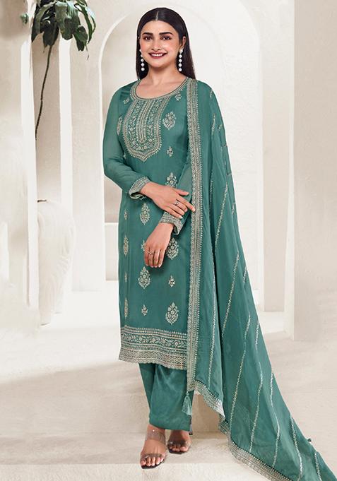 Sky Blue Thread Embroidered Organza Kurta Set