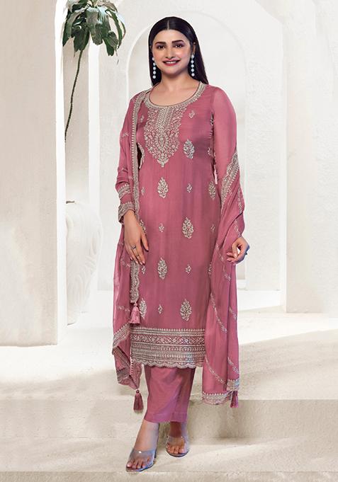 Pink Thread Embroidered Organza Kurta Set