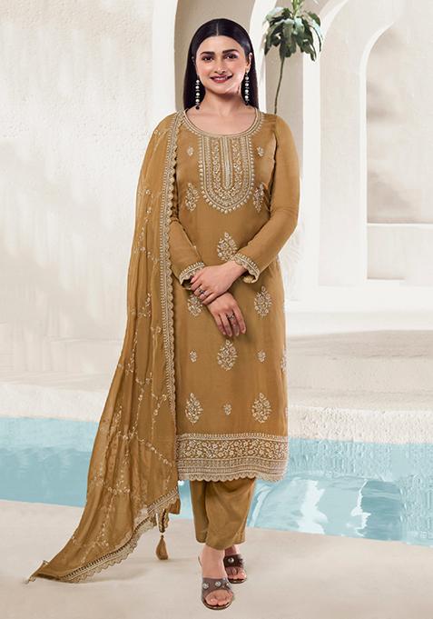 Mustard Thread Embroidered Organza Kurta Set