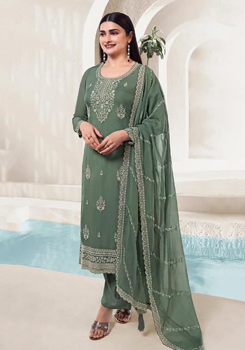 Pista Green Thread Embroidered Organza Kurta Set