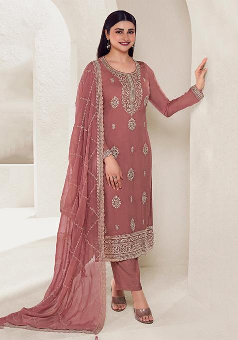 Peach Thread Embroidered Organza Kurta Set