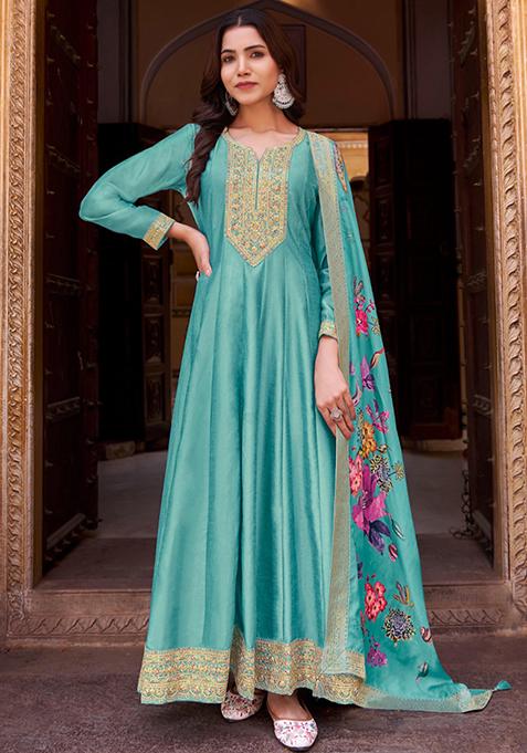 Sky Blue Embroidered Silk Anarkali Set