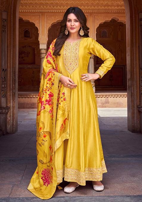 Yellow Embroidered Silk Anarkali Set