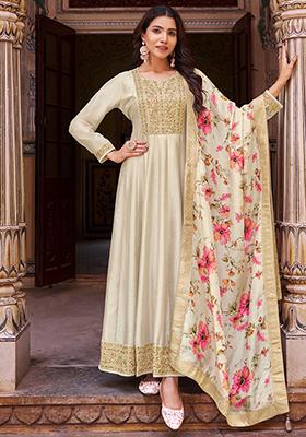 White Embroidered Silk Blend Anarkali With Dupatta
