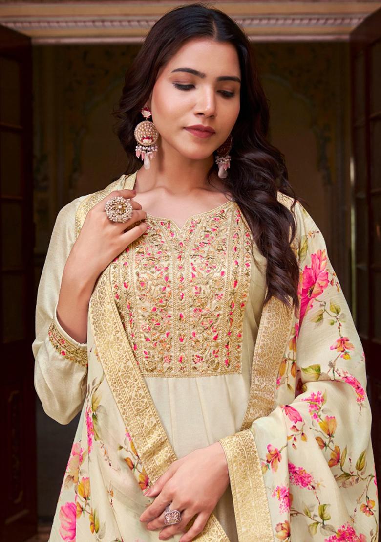 White Embroidered Silk Anarkali Set