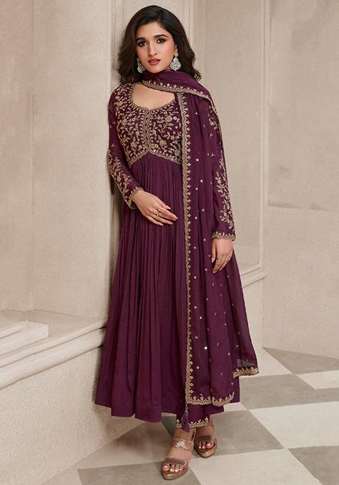 Wine Thread Sequin Embroidered Chinon Anarkali Set