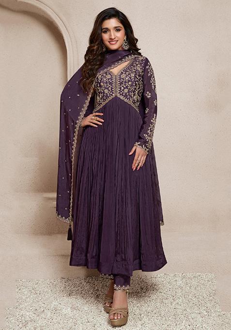 Lilac Thread Sequin Embroidered Chinon Anarkali Set