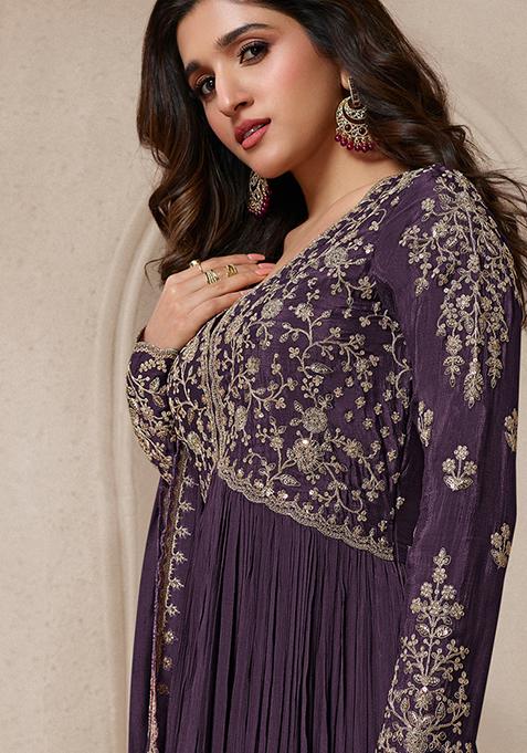 Black Chinon Embroidered Anarkali Suit