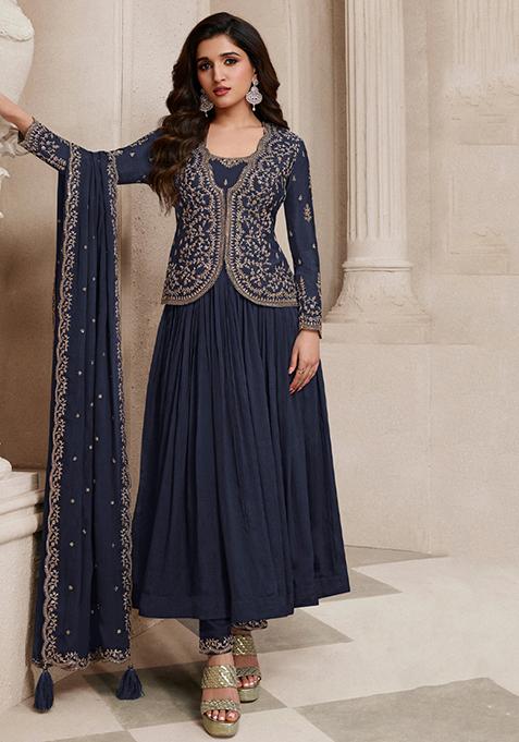 Navy Blue Thread Sequin Embroidered Chinon Anarkali Set