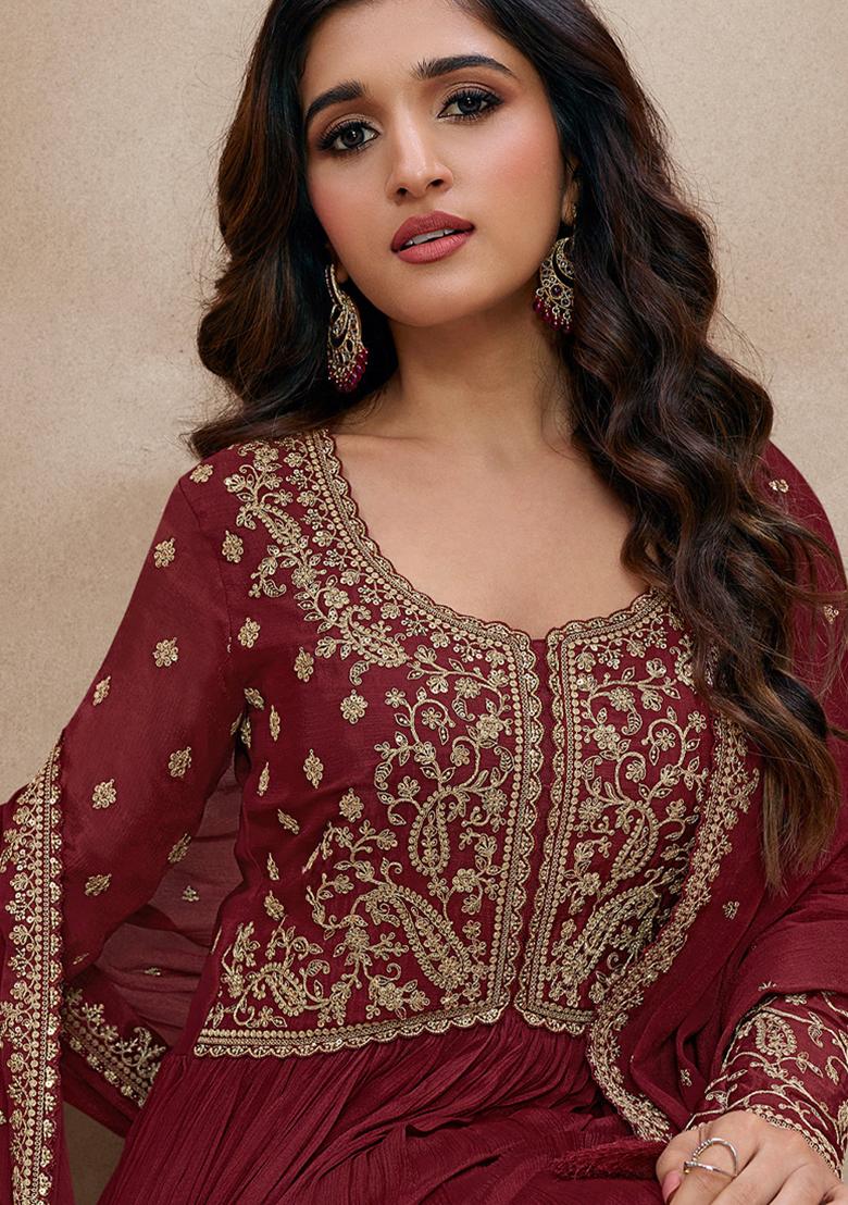 Maroon Thread Sequin Embroidered Chinon Anarkali Set